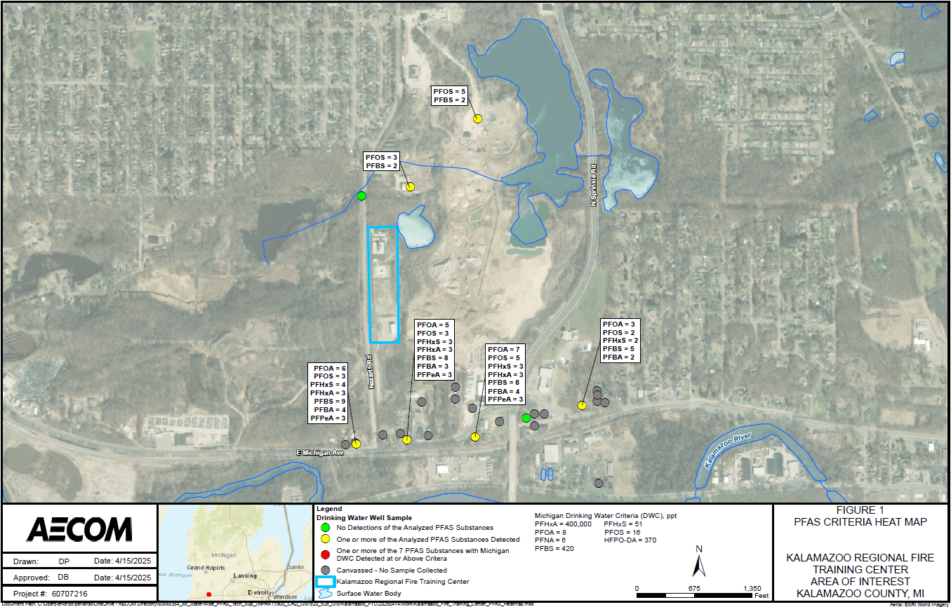 Kalamazoo Regional Fire Training Center Area of Interest map preview. Proposed drinking water wells are denoted by yellow and green stars. Yellow stars are residential wells are green stars are non-residential wells within a 1/2 mile radius of the training center. White circles with dots in the middle are wells not part of the initial sampling area. 