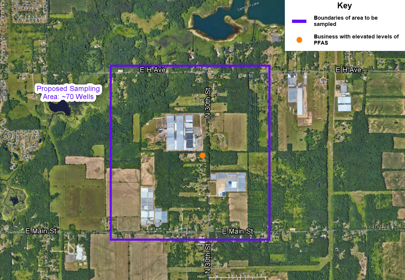 North 30th Street AOI map preview showing the boundaries of area to be sampled and the business with elevated levels of PFAS
