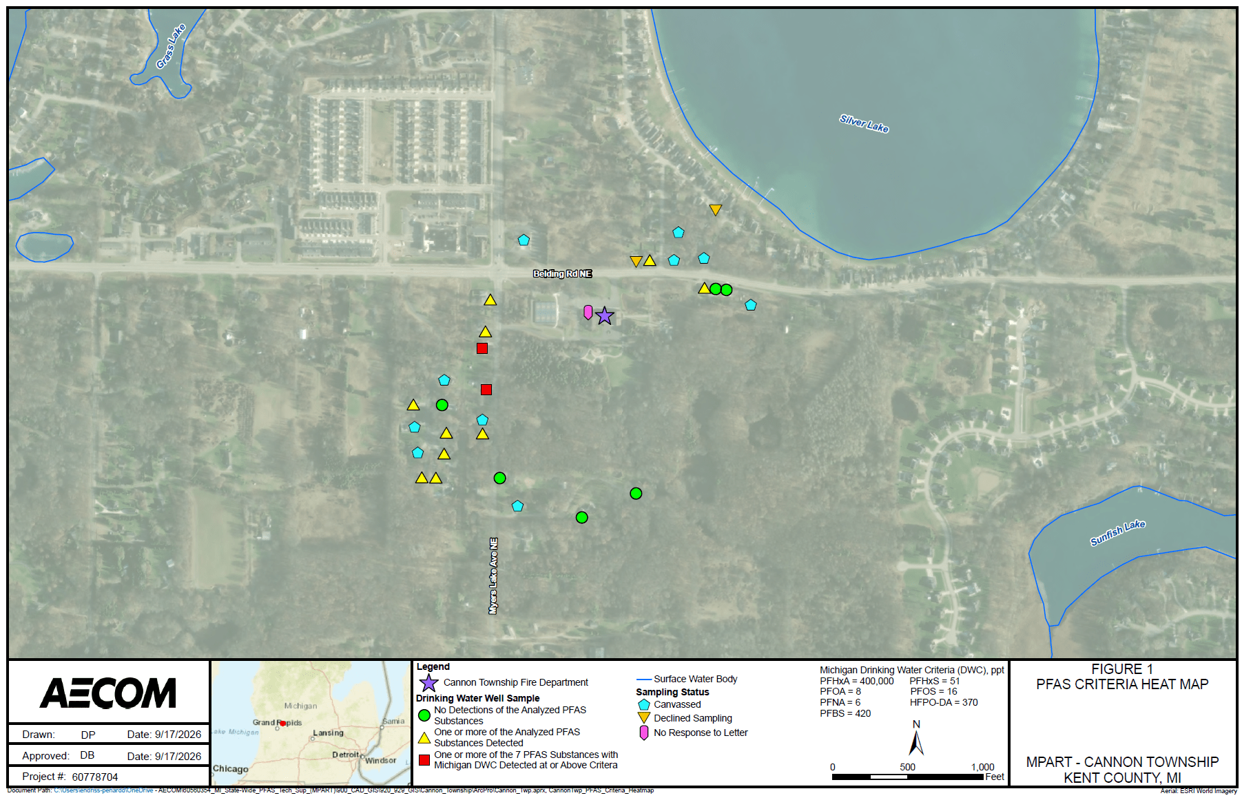 Map of the Cannon Township Fire Department Station 2 area showing residential drinking water well results with the exceedances located on Myers Lake Ave south of Belding Rd
