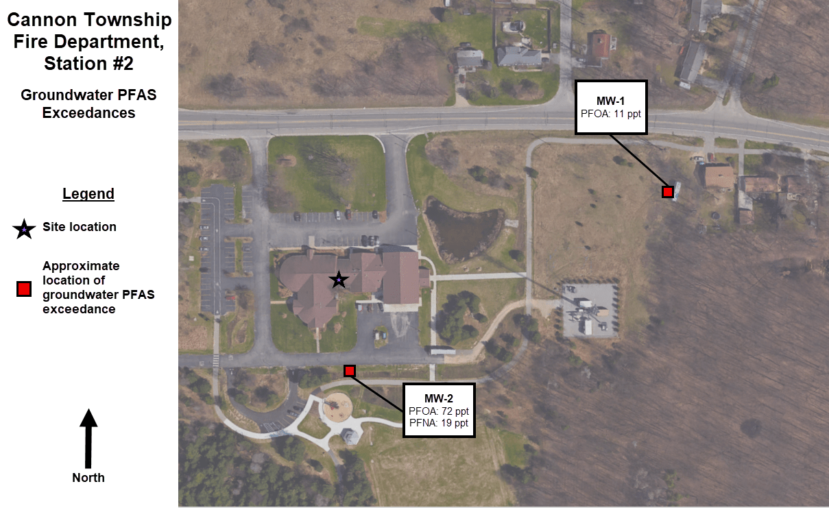 An aerial image of the fire station with groundwater exceedances of 11 ppt PFOA to the east and 91 ppt total PFAS to the south