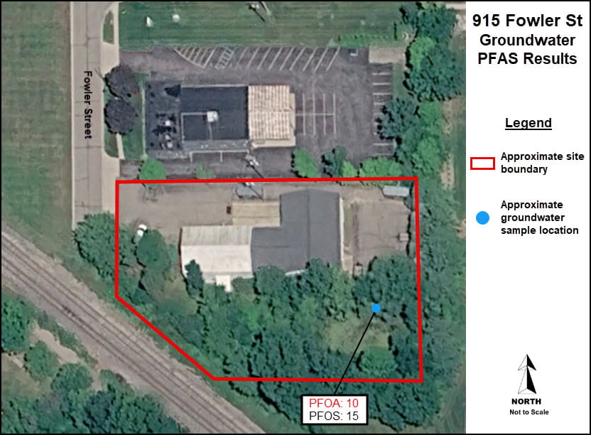 A map of the groundwater PFAS results at 915 Fowler St showing a detection of 10 PFOA and 15 PFOS in the southeast corner of the site boundary