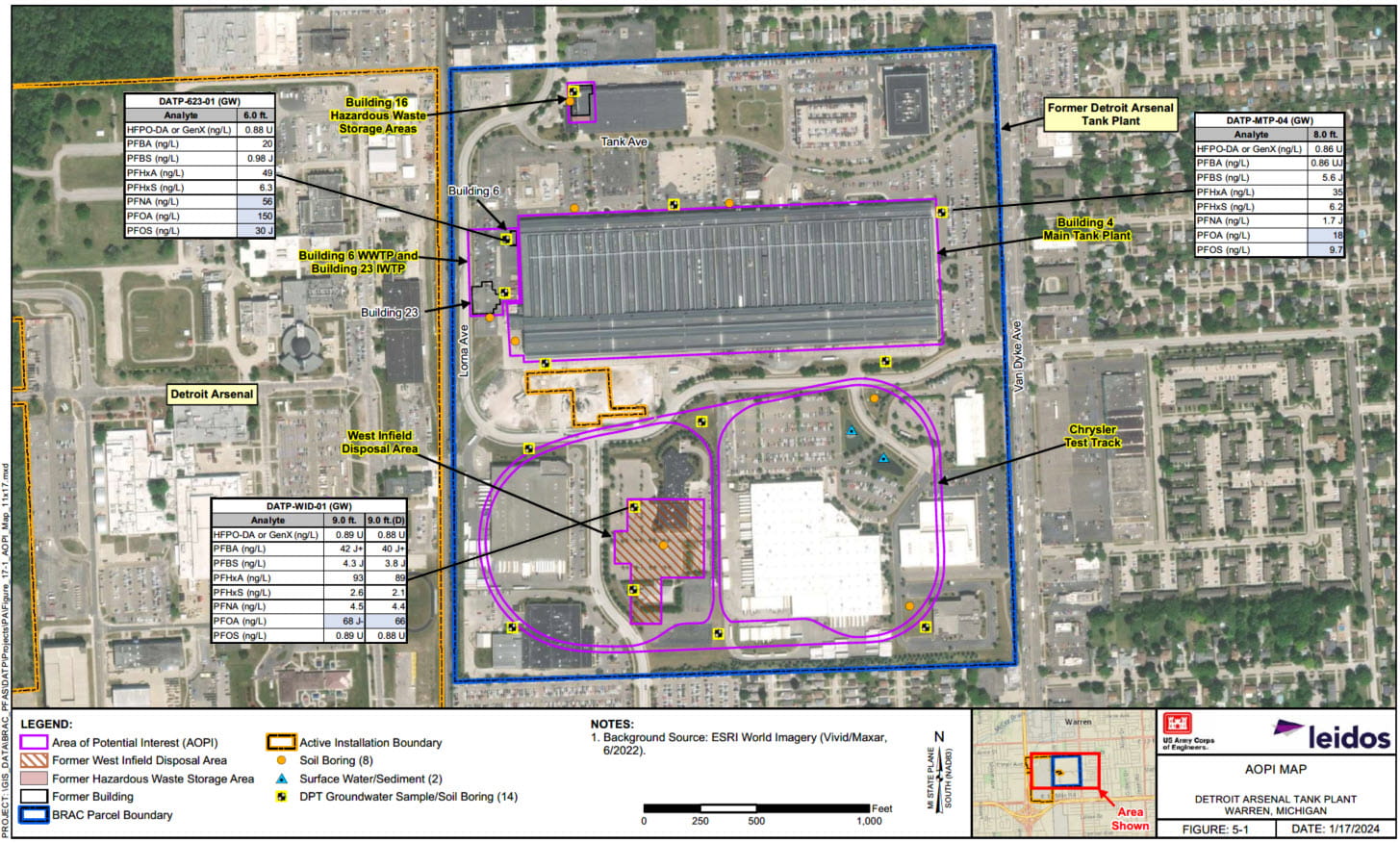 Map of Detroit Arsenal Tank Plant Installation BRAC PFAS site