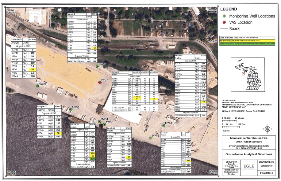 Menominee warehouse fire groundwater sampling map