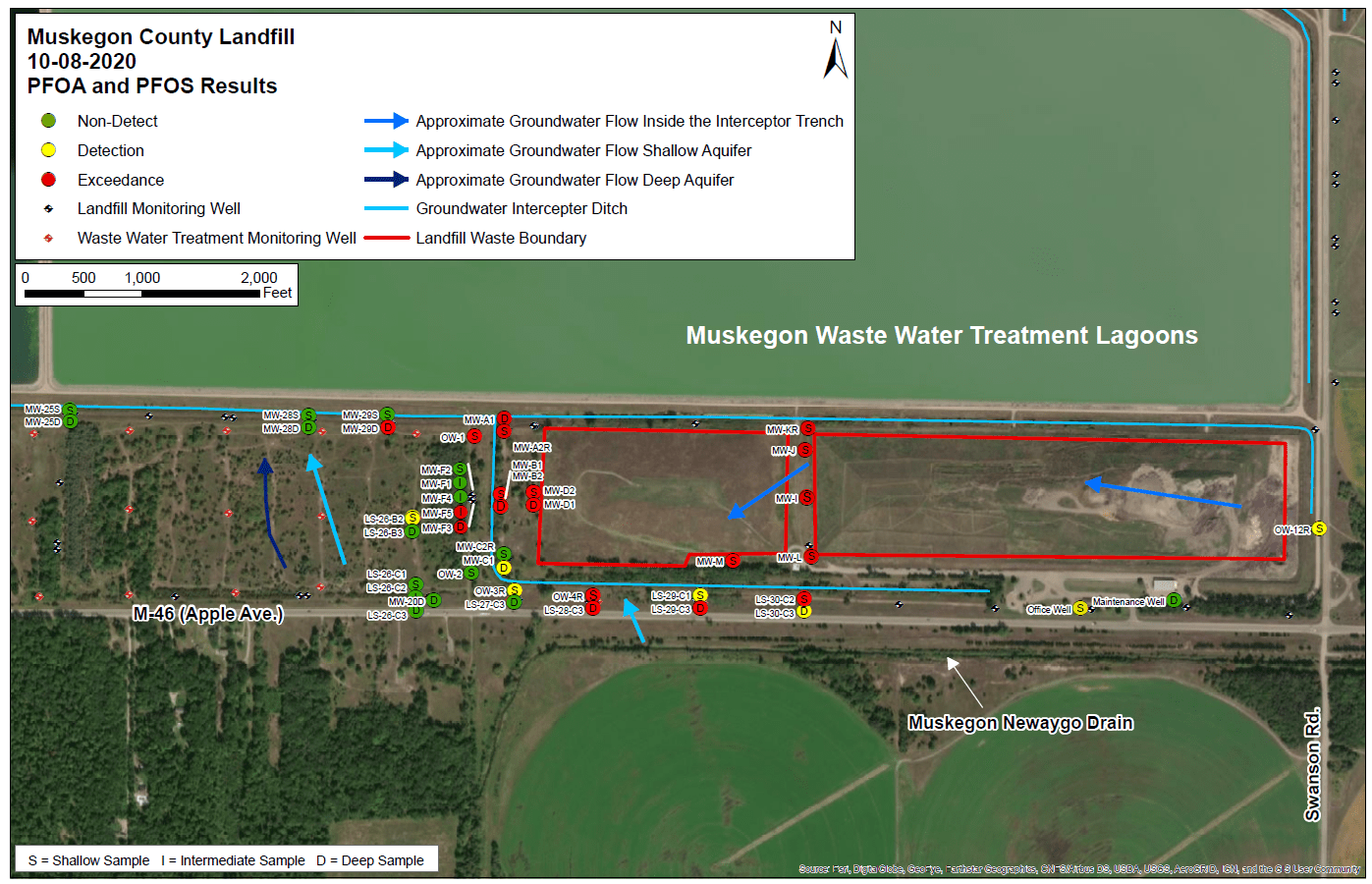 Muskegon County Landfill PFOS+PFOA Detections Map