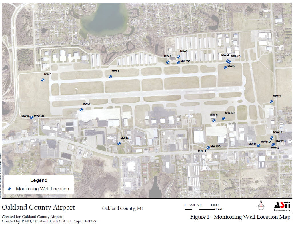 Oakland County International Airport Monitor Well Locations map