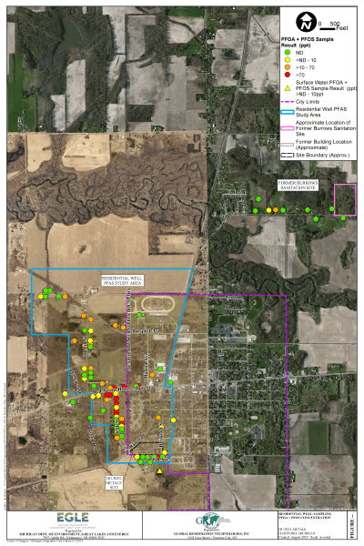 Du-Wel Metals Residential Well Sampling PFOA+PFOS Concentration Map