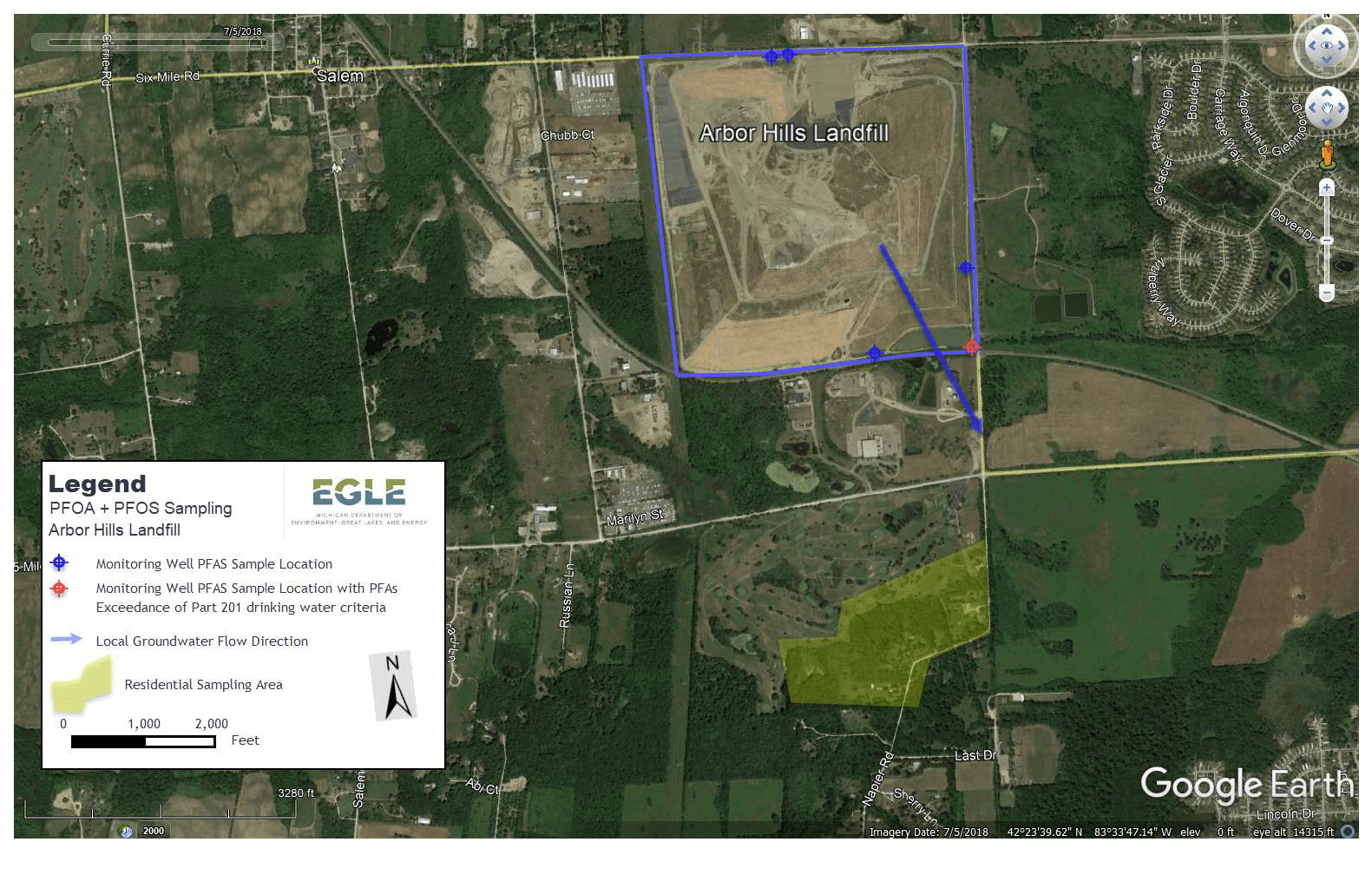 Arbor Hills Landfill Inc PFOA + PFOS Sampling Map