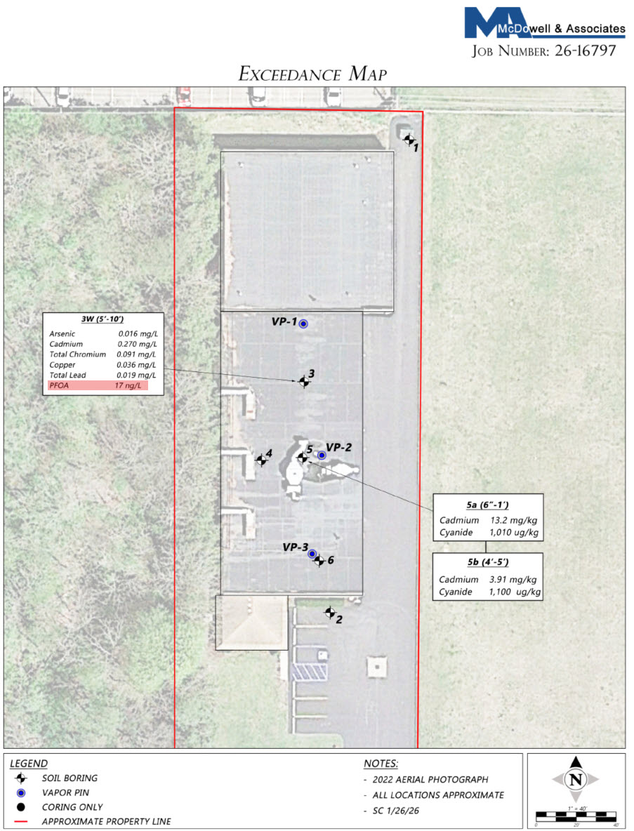 A map showing PFAS exceedances at 44220 Joy Road where PFOA was detected at 17 ppt in the north monitoring well