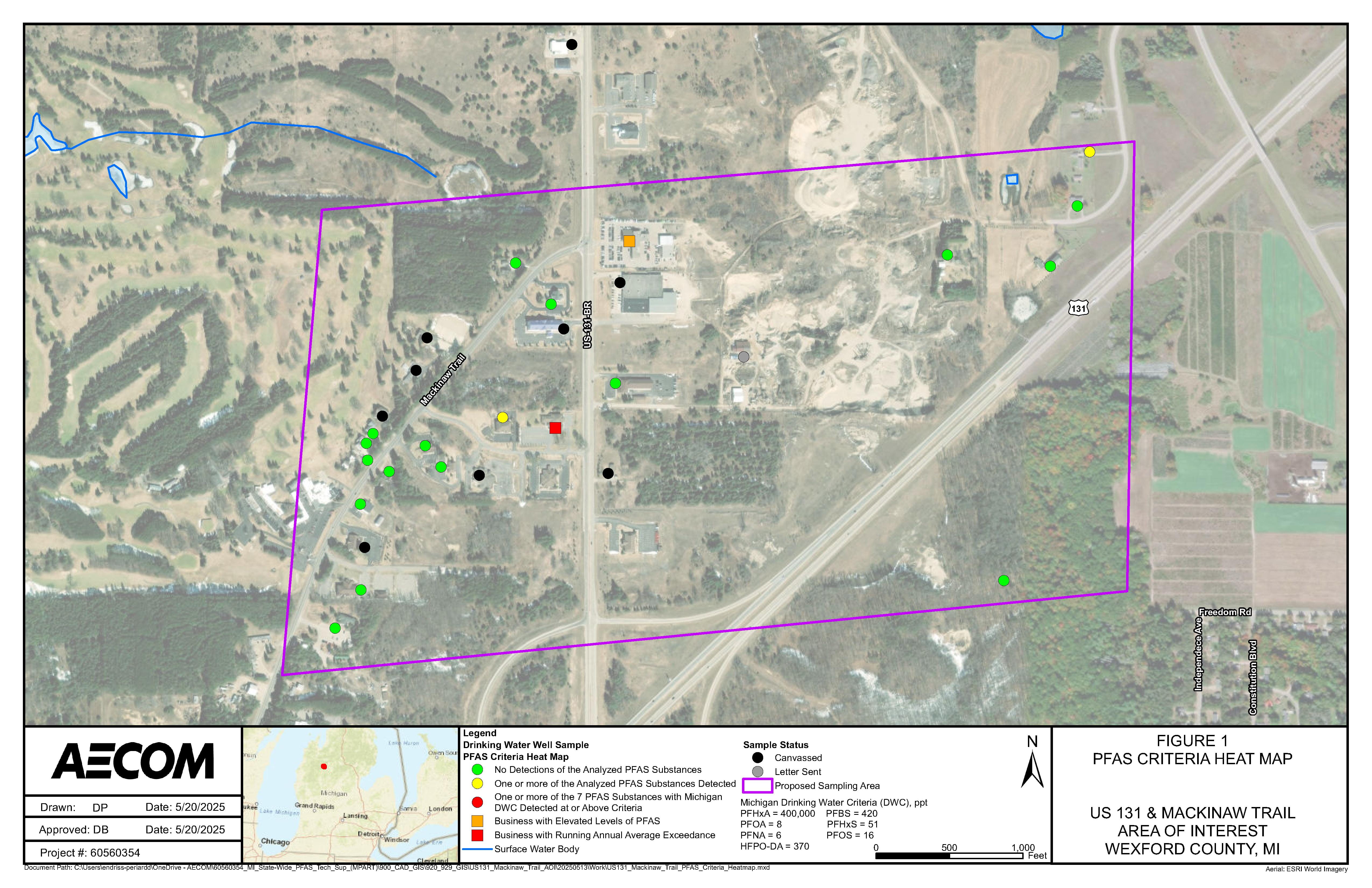 US 131 & Mackinaw Trail Area of Interest Map Preview showing the boundaries to be sampled and businesses with average exceedance or elevated levels of PFAS