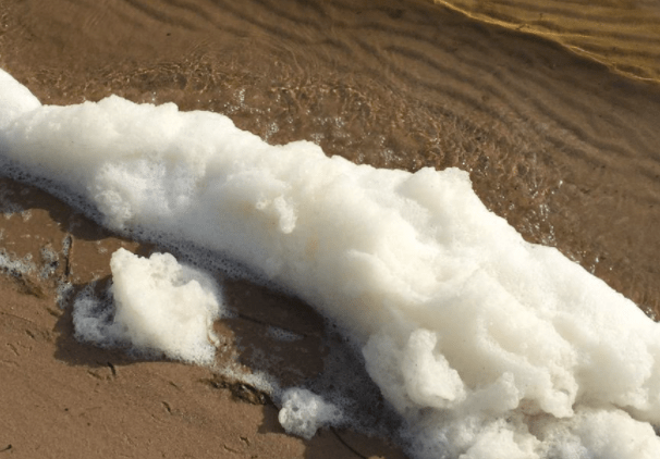 A large pile of fluffy white PFAS foam on a sandy beach