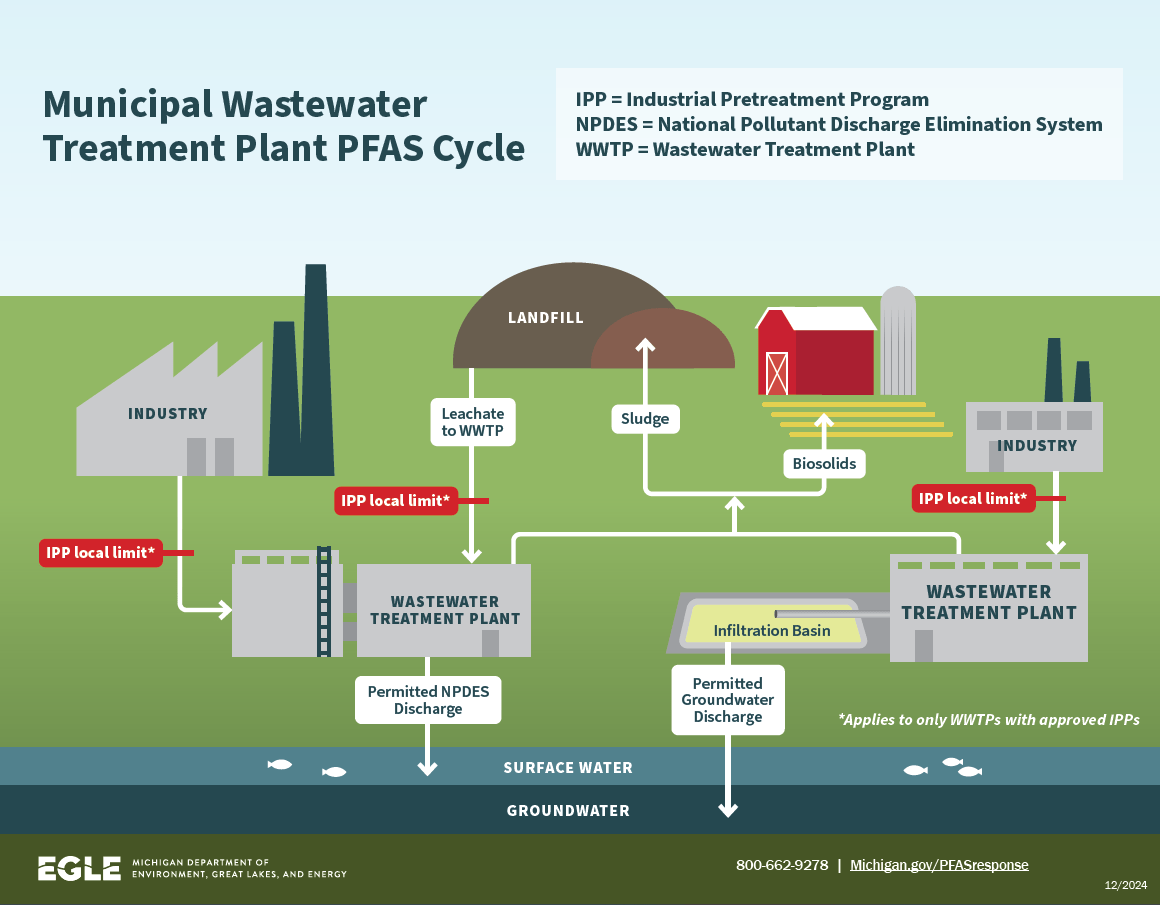 A diagram showing the cycle of PFAS flowing from municipal wastewater treatment plant discharges to surface water and groundwater, and waste going to biosolids or landfills
