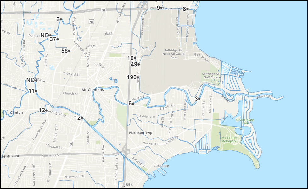 Clinton River Watershed - Figure 5 - PFOS in July 2019 surface water samples