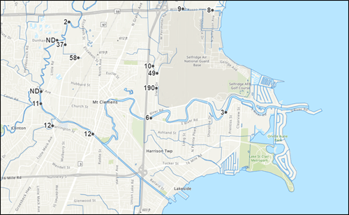 Clinton River Watershed - Figure 5 - PFOS in July 2019 surface water samples