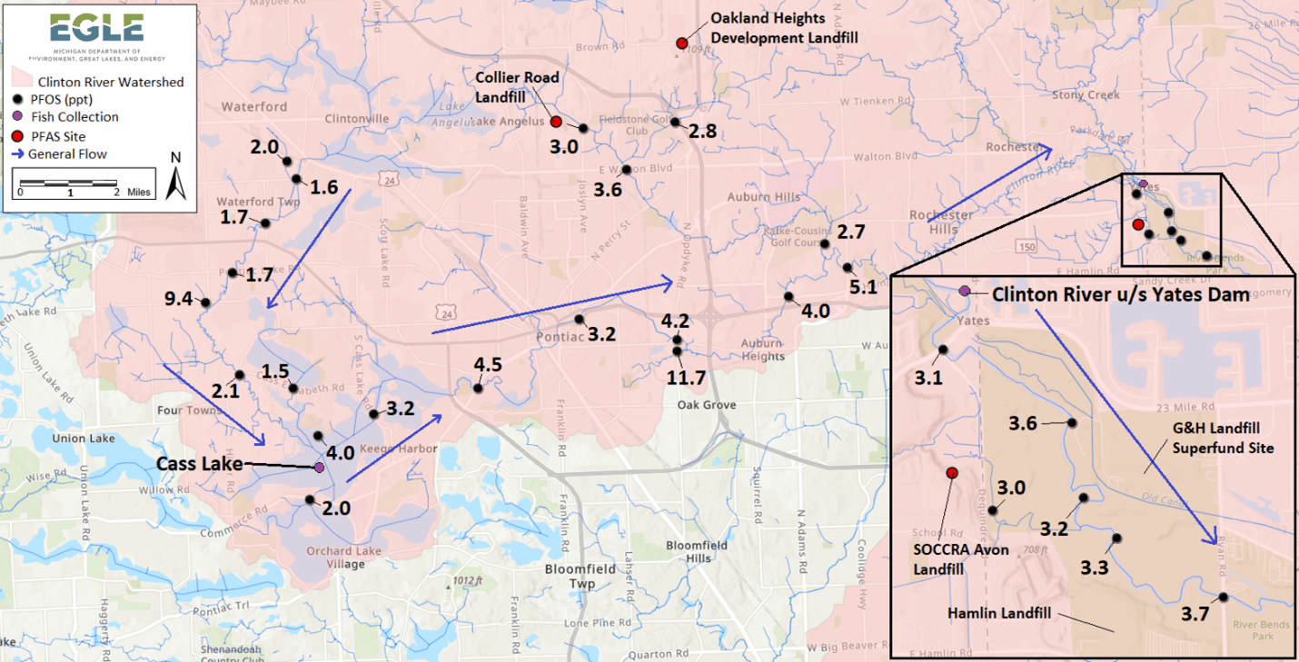 PFOS (in ppt) in March 2021 surface water samples from the Clinton River Watershed