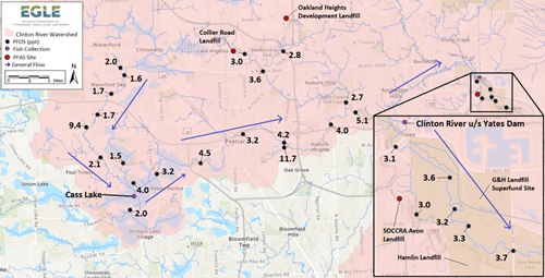 PFOS (in ppt) in March 2021 surface water samples from the Clinton River Watershed