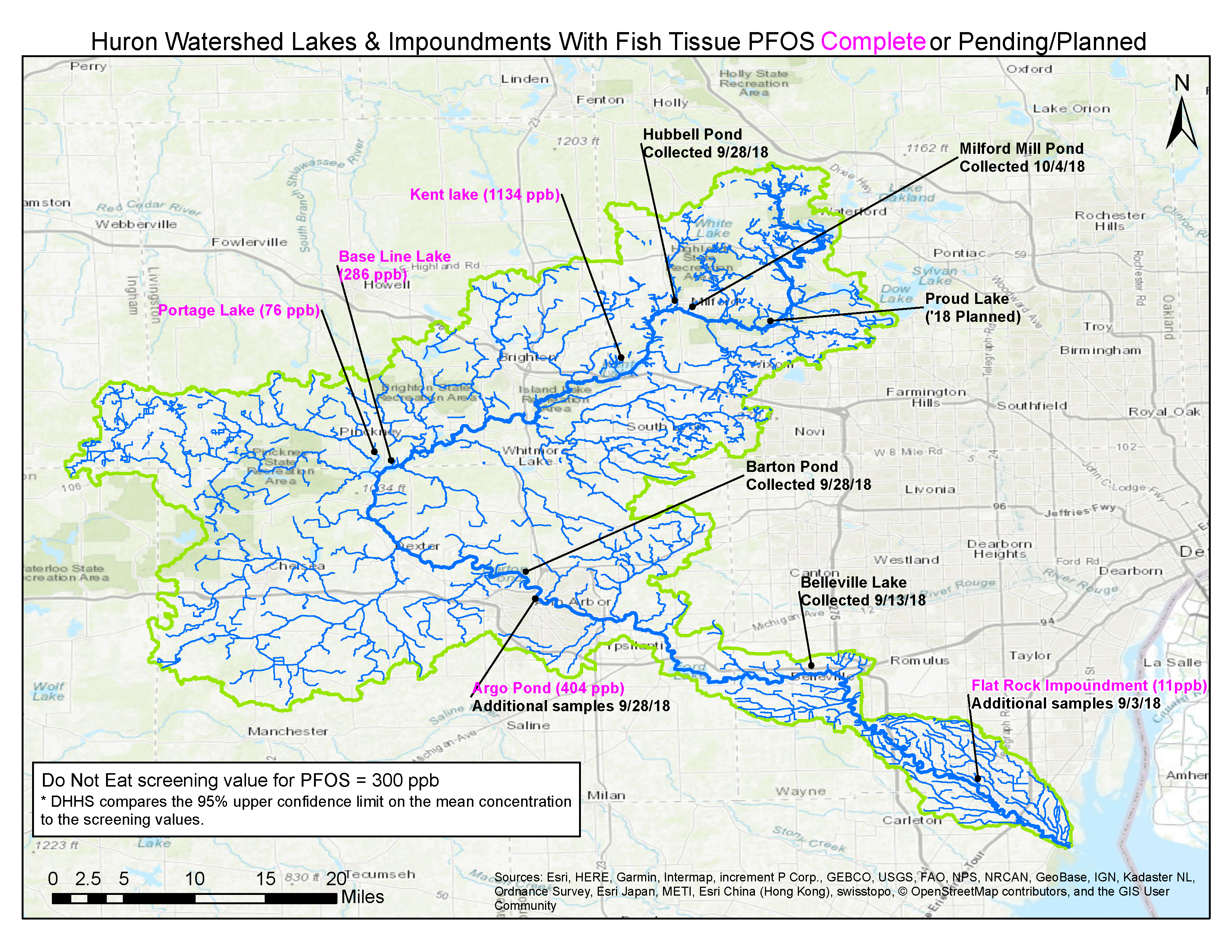 Huron Watershed Lakes & Impoundments with Fish Tissue PFOS Complete or Pending/Planned
