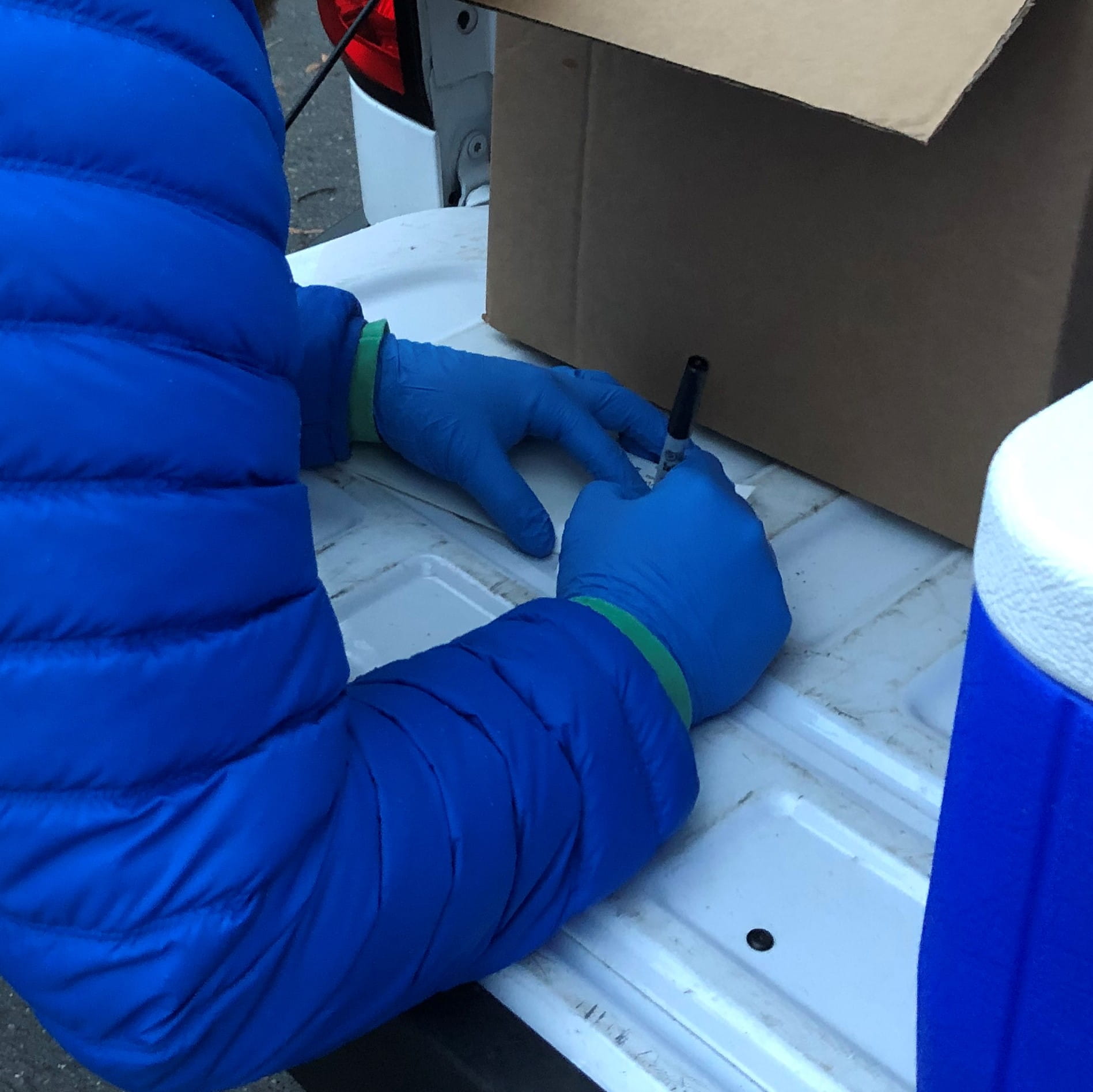 A person filling out a sample bottle label