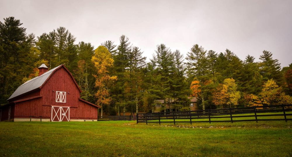 A red barn with a grassy pasture in front of it and autumn-colored woods behind it