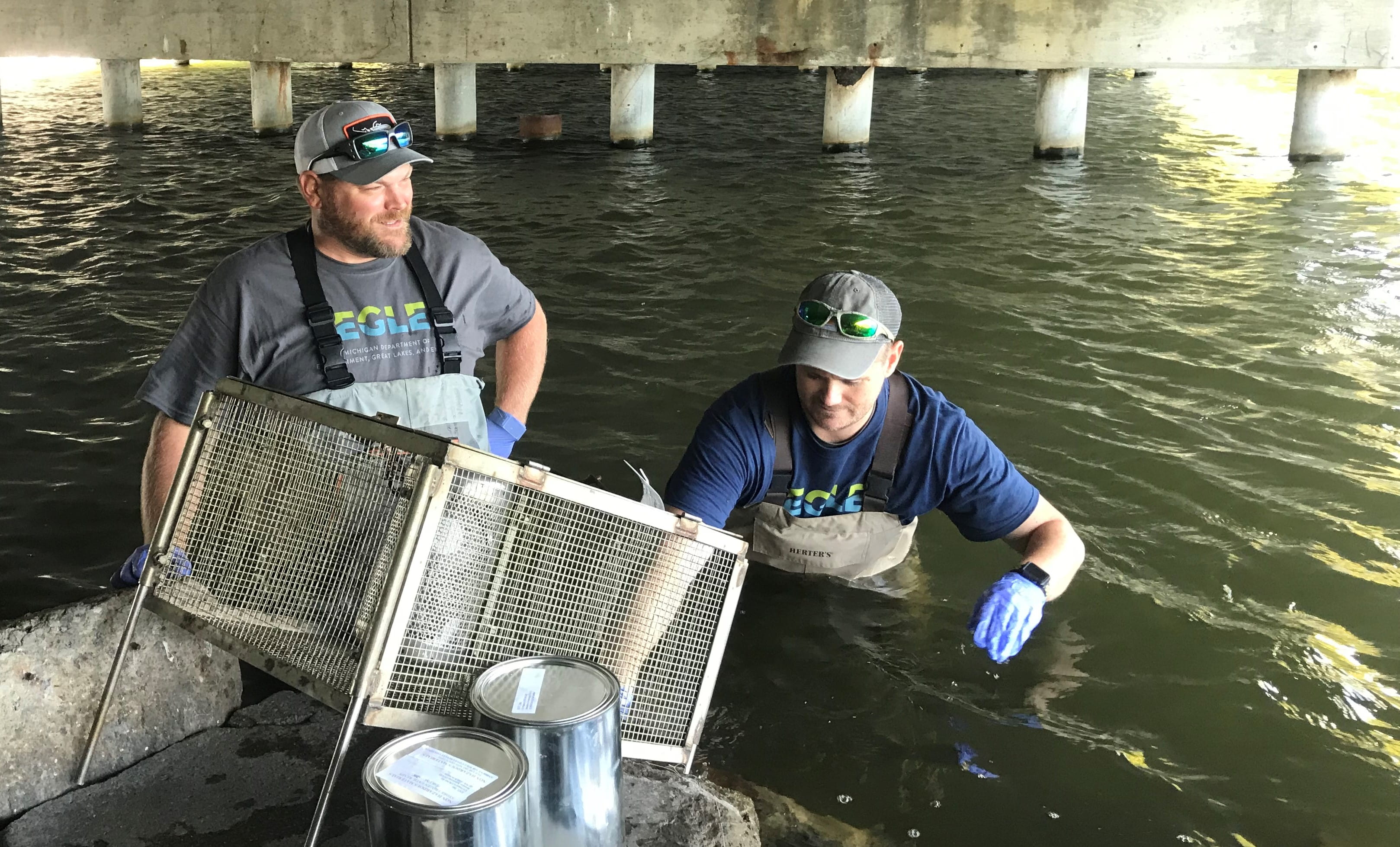 2 EGLE staff in waders, waist deep in a river setting items in a mesh cage to collect water samples