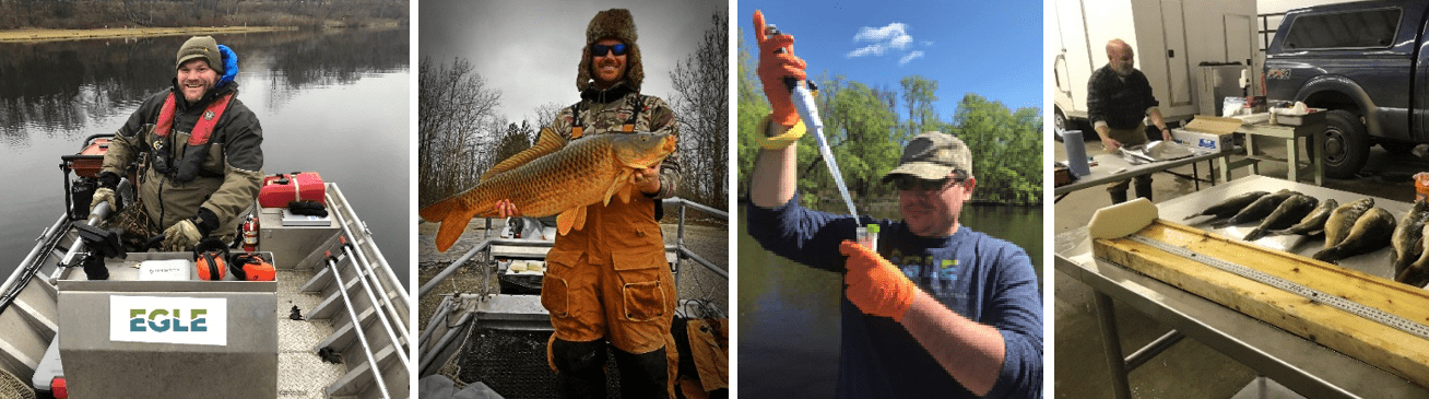 A collage of staff posing with fish they caught, which will be tested for pfas