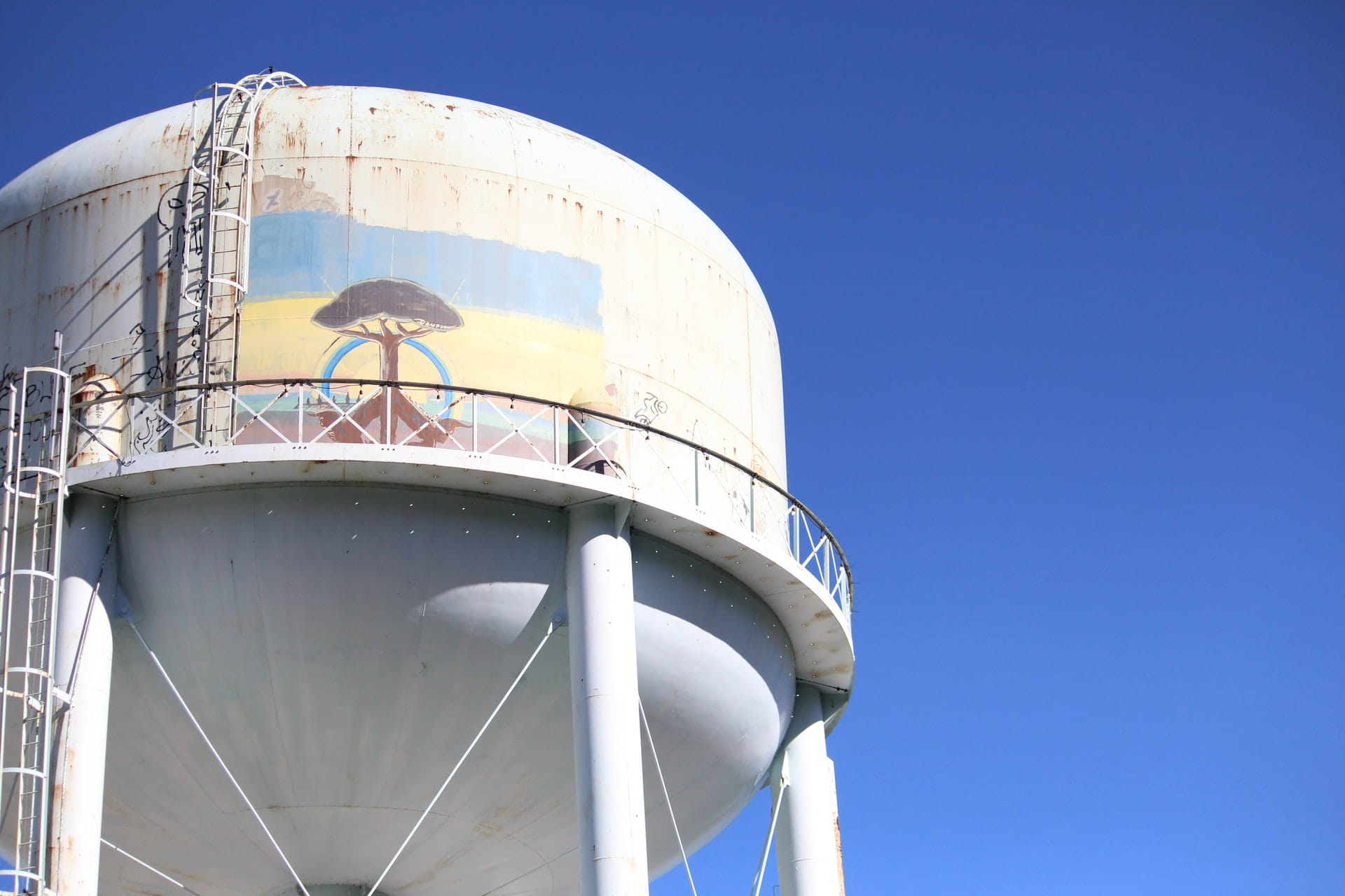Grand Traverse Commons water tower with blue sky background