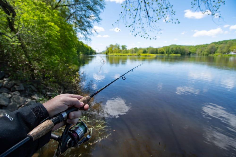 A person standing on the shoreline of a body of water on a summer day with a fishing reel in hand
