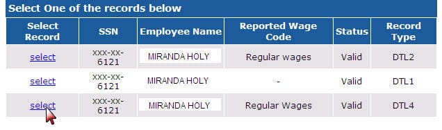 Screenshot: Add or edit Record screen with Select link highlighted