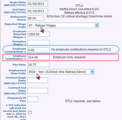 Screenshot: DTL2 record for qualified participant retiree directly hired as School