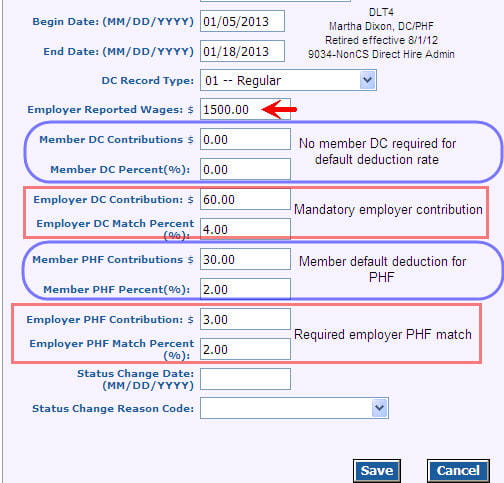 Screenshot: DTL4 record for qualified participant retiree directly hired as School
