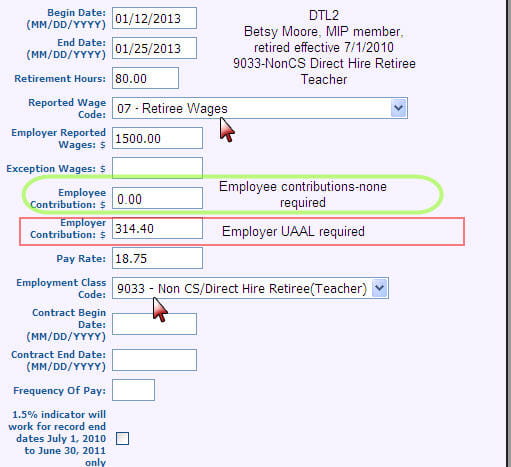 Screenshot: Detail 2 record for Basic or MIP plan retiree directly hired as a subs