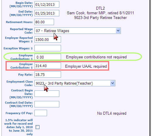 Screenshot: Detail 2 record for a retiree hired indirectly as a substitute teacher