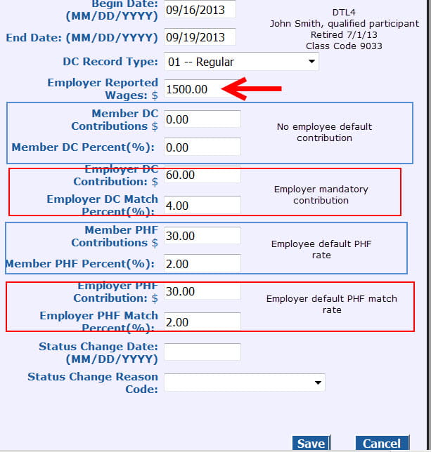 Screenshot: Detail 4 record for qualified participant retiree directly hired as a
