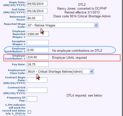 Screenshot: Detail 2 record for qualified participant retiree in critical shortage
