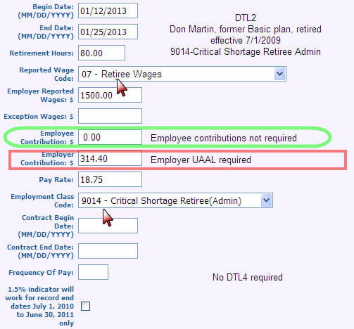 Screenshot: Detail 2 record with fields completed for Basic/MIP plan retiree in cr