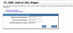 Screenshot: Review and Update Federally Funded Wages - drop down box shows Select