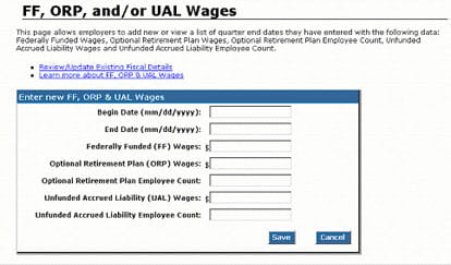 Screenshot: Enter new FF, ORP and/or UAL Wages screen