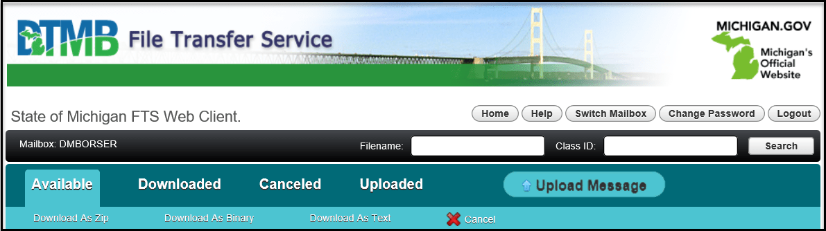 DTMB File Transfer Service - Available tabs screenshot of header