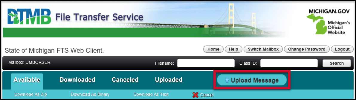 DTMB File Transfer Service with Upload Message circled in red on the tabs in the header screenshot