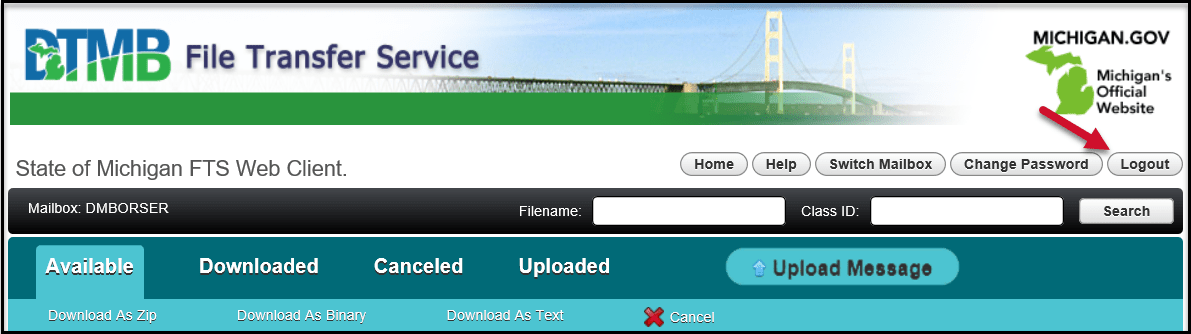 FTS site header with the logout button shown screenshot