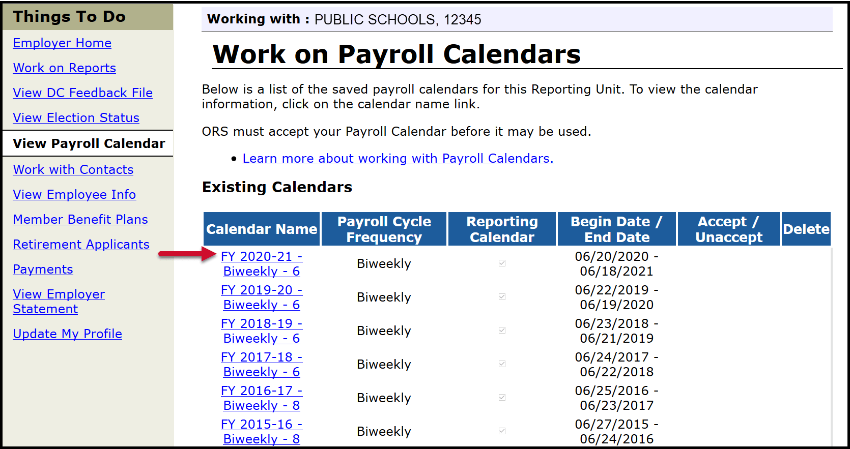 Work on Payroll Calendars - Arrow pointing to Calendar Name