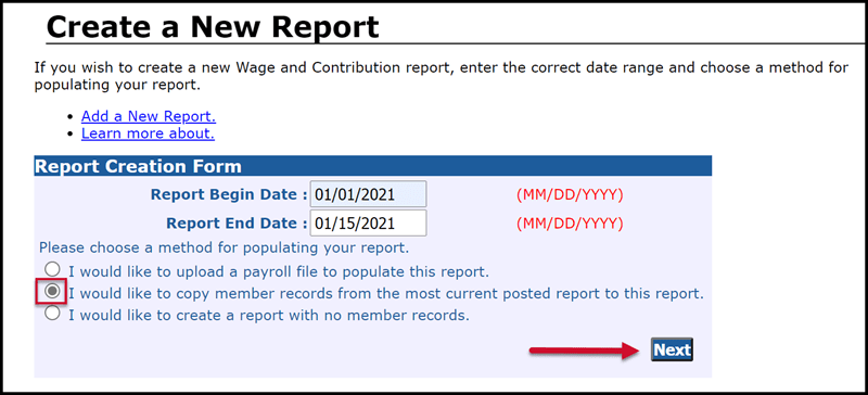 Create a New Report screenshot