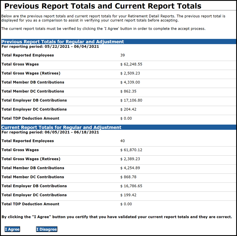 Previous Report Totals and Current Report Totals screenshot