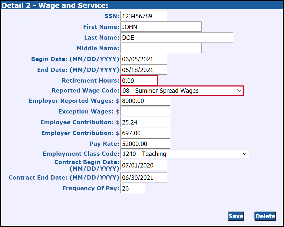 Detail 2 - Wage and Service screen with summer wage spread prefilled in the screenshot