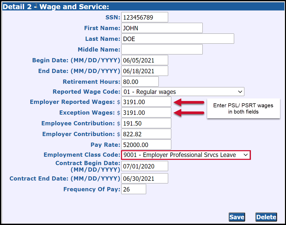 Detail 2 - Wage and Service record filled out