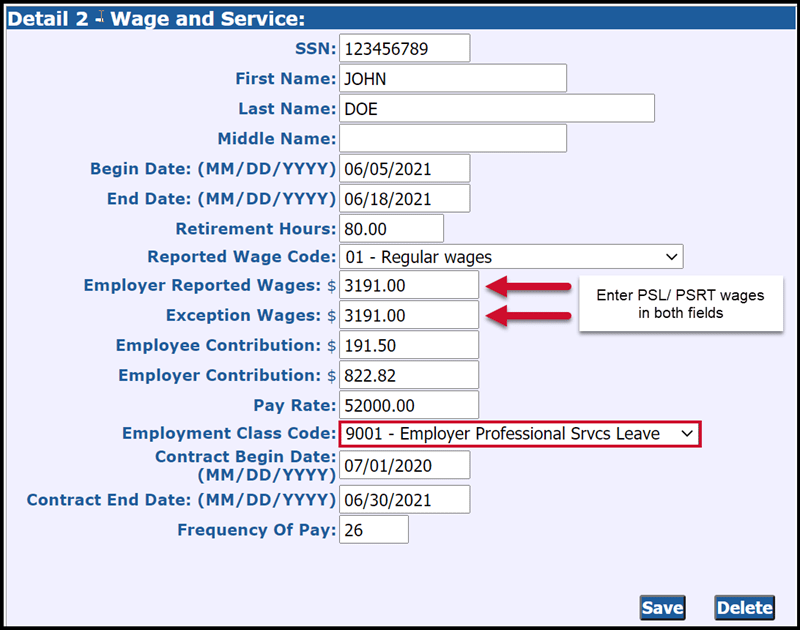 Detail 2 - Wage and Service record filled out