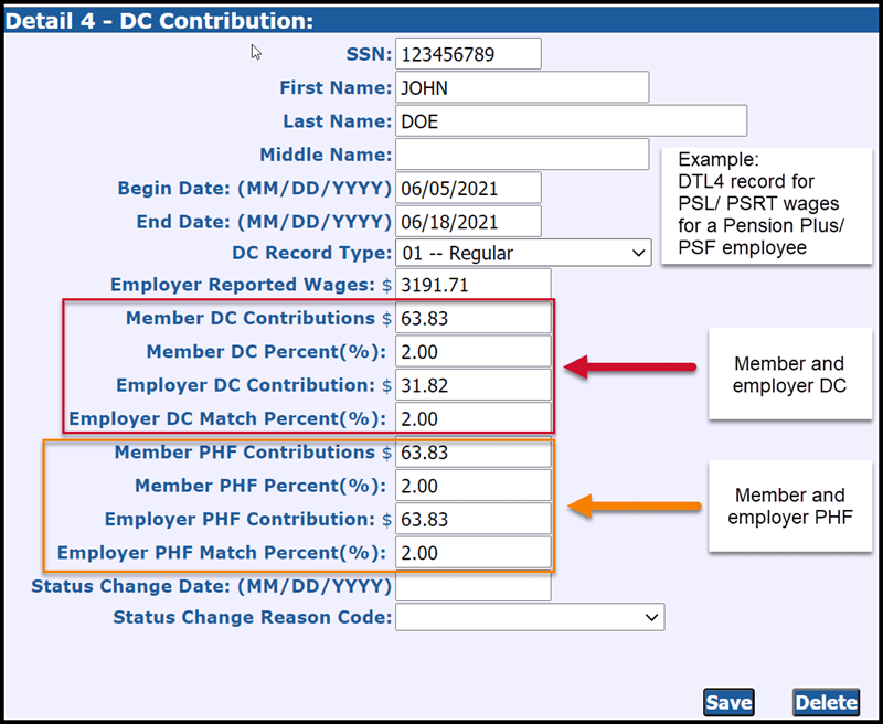Detail 4 – DC Contributions record showing DC funds and PHF funds filled out.