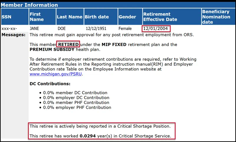 Member information screenshot showing retirement effective date