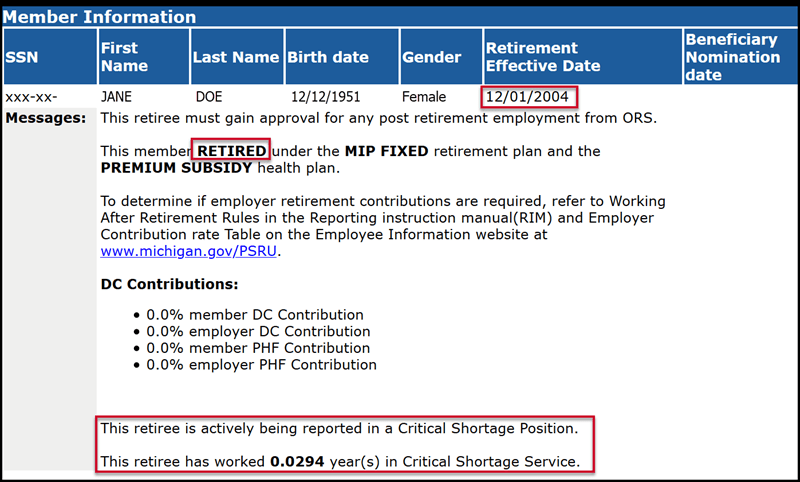 Member information screenshot showing retirement effective date