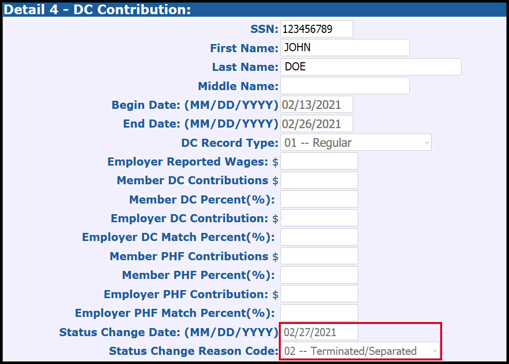 Detail 4 – DC Contribution screen shown filled out