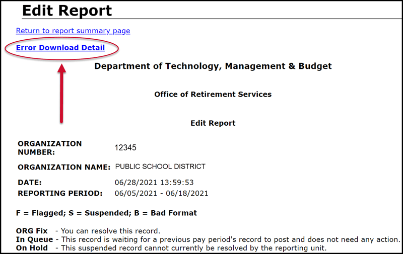 Edit Report - Error Download Detail screenshot of where the link is to download the report.